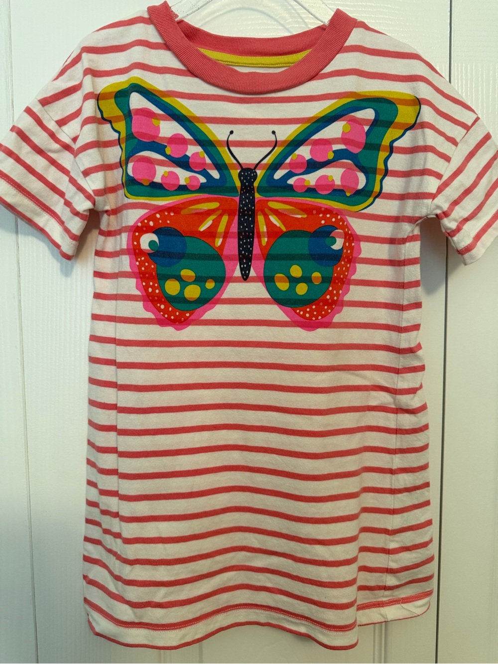 Mini Boden Pink and White Striped Butterfly T Shirt Dress